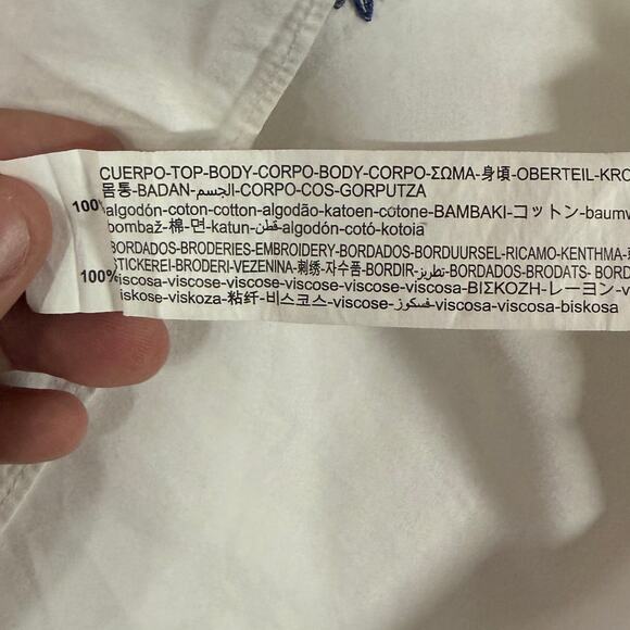 Zara Kara Top White with Blue Embroidery XS Button Front Boxy Peter Pan Collar - Picture 9 of 10